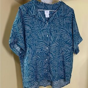 Sigrid Olsen Teal and White Leaf Print Blouse